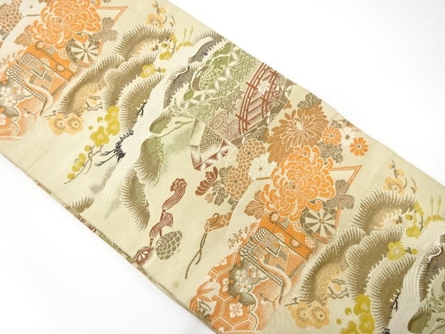 JAPANESE KIMONO / ANTIQUE MARU OBI / WOVEN CRANE & CARRIAGE